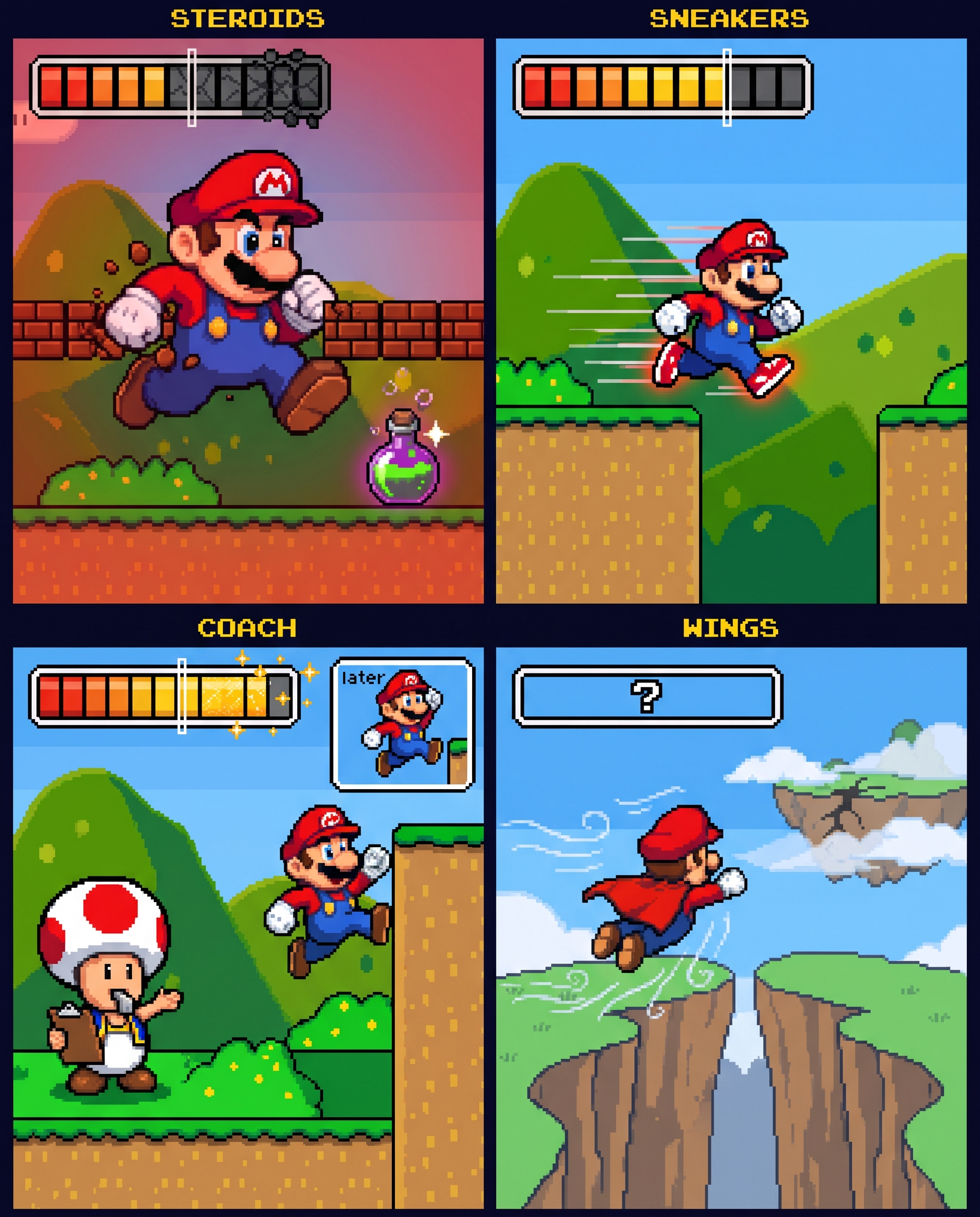 Four Mario scenes illustrate AI as steroids, sneakers, a coach, and wings: a short-term boost, faster running, learning to climb, and flying into new territory.